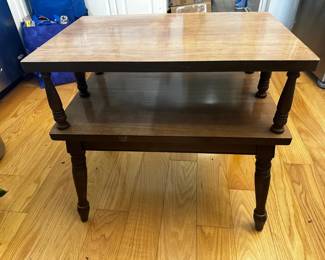 Vintage Mid-Century 2-Tier Wood End Table / Accent Table, featuring a popular step-table design from the 1960s and 1970s. These multi-level tables are highly sought after by retro furniture collectors and vintage enthusiasts.