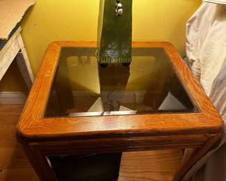 Vintage 1980s Oak Glass-Top End Table / Accent Table