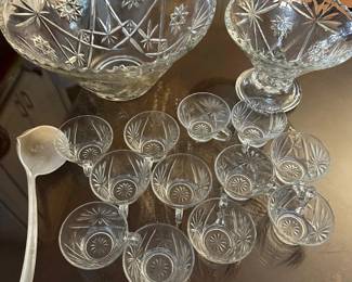 A beautiful, sparkling vintage clear glass punch bowl entertainment set made by Anchor Hocking in the 1960s