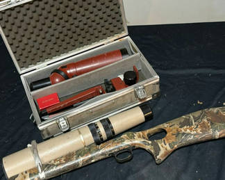 Lot 46: Camouflaged hunting rifle with spotting scope and accessories