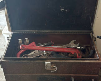 Lot 108: Metal tool chest with assorted Oversized hand tools