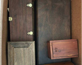 Lot 134: Assorted wooden boxes, brass candle holders, rocks, and glassware