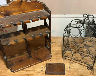 Lot 36: Two-tier wooden shelf with decorative metal wine rack