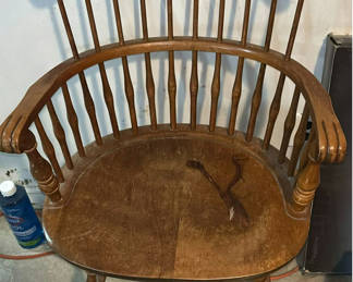 Lot 150: Antique wooden items: Windsor chair, ammo crate, sewing box, and wall decor
