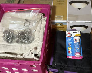 Lot 32: Ceiling light fixtures, pool care kit, and assorted hardware