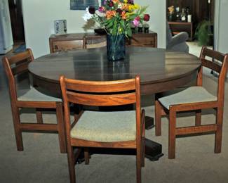 Mid Century Chairs and Vintage Round Oak Table