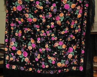 Vintage Flamenco Manton de Manila silk Black Fringed embroidered shawl 76”x34”