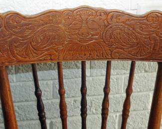 3 Antique Oak Pressed Back Chairs W/ North Wind Face & Turned Spindles