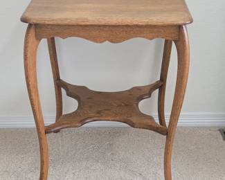 Lot #166 - Antique Oak Wood Side Table with Decorative Curved Legs and Lower Shelf