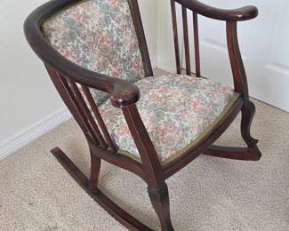 Lot #188 - Antique Wooden Barrel Back Rocking Chair with Floral Upholstery