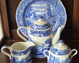 Spode Blue Italian Porcelain Tea Set with Teapot, Sugar Bowl, Creamer & Plate