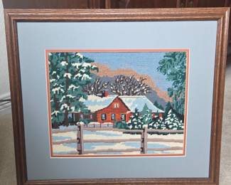 Heirloomesthetic Winter Cabin Needlepoint Wall Art in Vintage Wood Frame