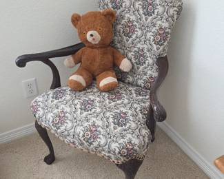 Lot #173 - Antique Teddy Bear and Floral Upholstered Accent Chair With Claw Feet