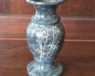 Lot #96 - Point of View Etched Black Gray Marble Vase Bamboo Design - Decorative Carved Stone Art