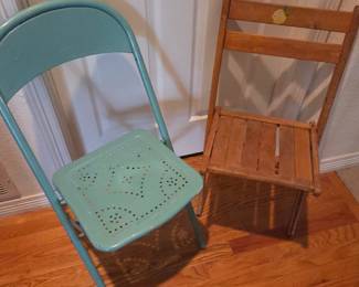 Lot #198 - Vintage Metal Folding Chair with Decorative Perforated Seat and Hand Painted Rustic Wooden Chair
