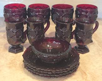 Vintage Fenton Ruby Red Glassware Set with Intricate Pattern Detailing
