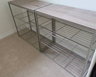 Lot #253 -Two Modern Metal and Wood Shelving Units with Wire Racks - Durable Storage Solution