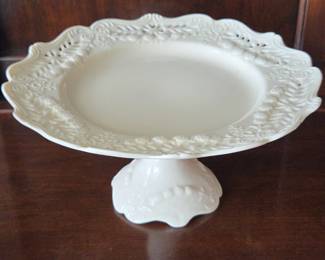 Vintage White Ceramic Pedestal Cake Stand with Intricate Lace Edge Detailing