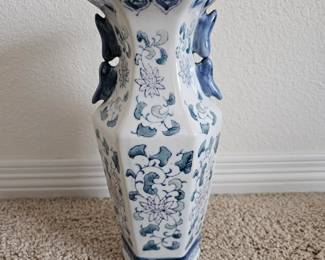 Lot #163 - Vintage Chinese Blue and White Porcelain Floral Vase with Butterfly Handles