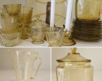  Vintage Federal Glass Madrid Depression Glass Floral Etched Tableware Set with Pitcher, Candy Jar & Candle Holders