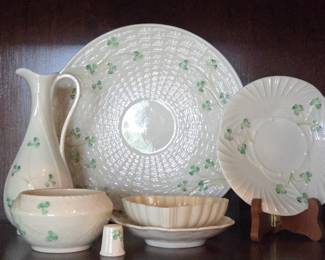 Lot #149 - Belleek Pottery Irish Shamrock Porcelain Serving Set, Thimble & Heart Trinket Dish