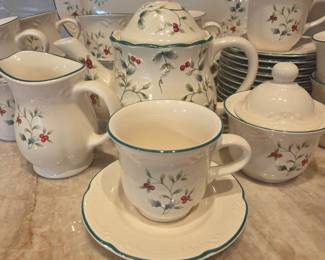 Pfaltzgraff Winterberry Stoneware Tea Set with Hand-Painted Holly and Berries