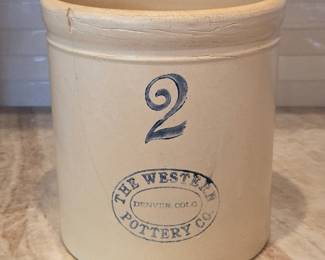 Lot #115 - Antique Western Pottery Co. 2 Gallon Stoneware Crock Vintage Denver Colorado Earthenware