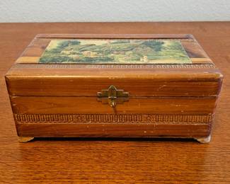 Lot #142 - Vintage Cedarwood Trinket Box Featuring a Decoupage Cottage Scene on the Hinged Lid