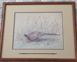 Lot #180 - Signed L.L. Browning Limited Edition 15/150 Pheasant Print Framed Art "Corn Fed" With Real Pheasant Feather