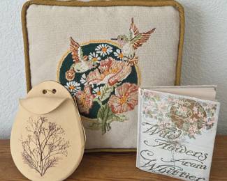 Lot #177 - Antique 1909 Wild Flowers from Whittier Book with Hummingbirds Needlepoint Pillow & Pottery Wall Hanging