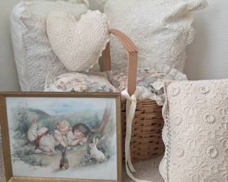 Lot #172 - Vintage Framed Art Print 'Tired Out' with Crochet Pillows and Wicker Basket Cottagecore Home Decor Set