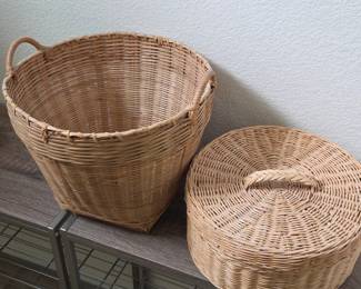 Lot #252 - Handwoven Rattan Storage Basket with Lid and Large Open Wicker Basket Set