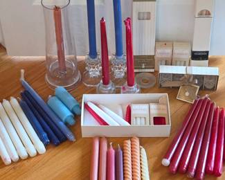 Lot #120 - Lot of Assorted Wax Candles with Scented Options and Glass/Crystal Candle Holders