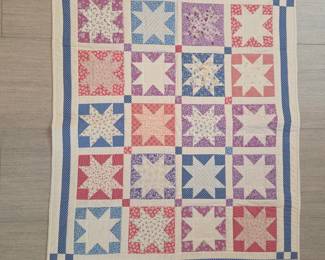 Lot #203 - Handmade Star Pattern Quilt with Floral Fabric and Polka Dot Border