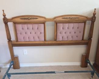 Lot #242 - Vintage Wooden Queen Bed Headboard with Upholstered Pink Tufted Panels and Decorative Brass Accents, Plus Metal Base