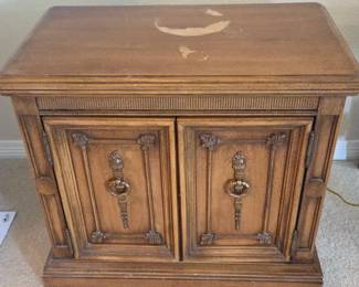 Lot #243 - Vintage Wood Cabinet Nightstand with Ornate Brass Hardware and Internal Storage Drawer