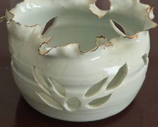 Lot #154 - Barb Pierce Signed Cream Ceramic Vase with Gold Trim and Leaf Cutout Design