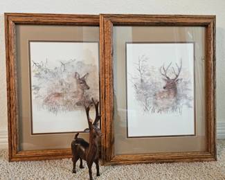 Lot #162 - Mads Stage Royal Stag Prints Denmark with Hand-Carved Wooden Deer Sculpture