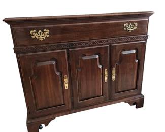 Lot #108 - Vintage Ethan Allen Georgian Cherry Wood Sideboard Cabinet with Brass Hardware & Extendable Top