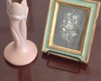 Lot #156 -Van Briggle Colorado Springs Pink Rosebud Pottery Vase, and Decorative Framed Floral Print