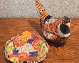 Lot #200 - Fitz and Floyd Decorative Fall Harvest Ceramic Plate & Hand-Painted Pheasant Lidded Dish