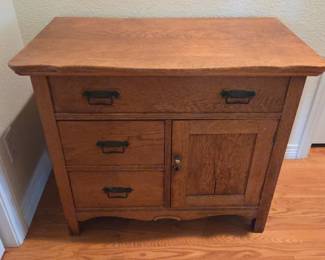 Lot #199 - Antique Oak Wood Cabinet with Ornate Brass Handles Vintage Storage Furniture