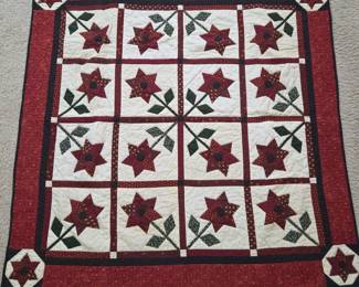 Lot #178 - Handmade Vintage Patchwork Flower Star Quilt with Red and Cream Accents