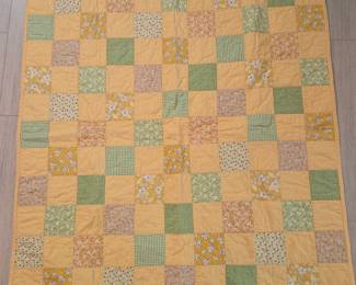 Lot #201 - Vintage Handmade Yellow Patchwork Quilt with Floral and Gingham Patterns