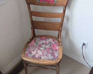 Antique Oak Wooden Chair with Hand Painted Floral Design and Upholstered Seat