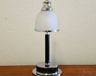 Lot #136 - Hampton Bay Gooseneck Table Lamp Chrome Finish Black Faux Leather Wrapped Stem Frosted Glass