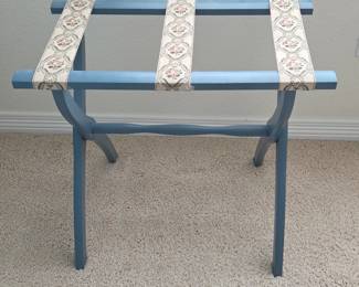 Lot #171 - Vintage Blue Wooden Luggage Rack with Floral Fabric Straps, Folding Stand