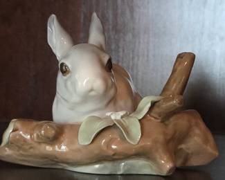 Lot #150 - Lladro Porcelain Rabbit Figurine on Branch with Leaves Collectible Sculpture