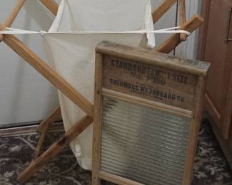 Lot #258 - Vintage Columbus Washboard Co. Standard Family Size No. 2080 Wooden Washboard with Canvas Laundry Hamper