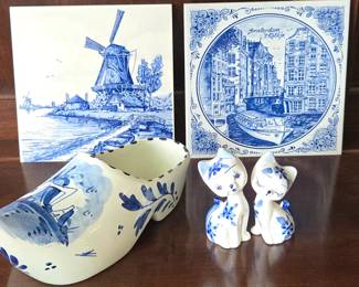 Elesva Holland Blue and White Delft Porcelain Cat Figurines, Dutch Clog Planter, Two Tiles